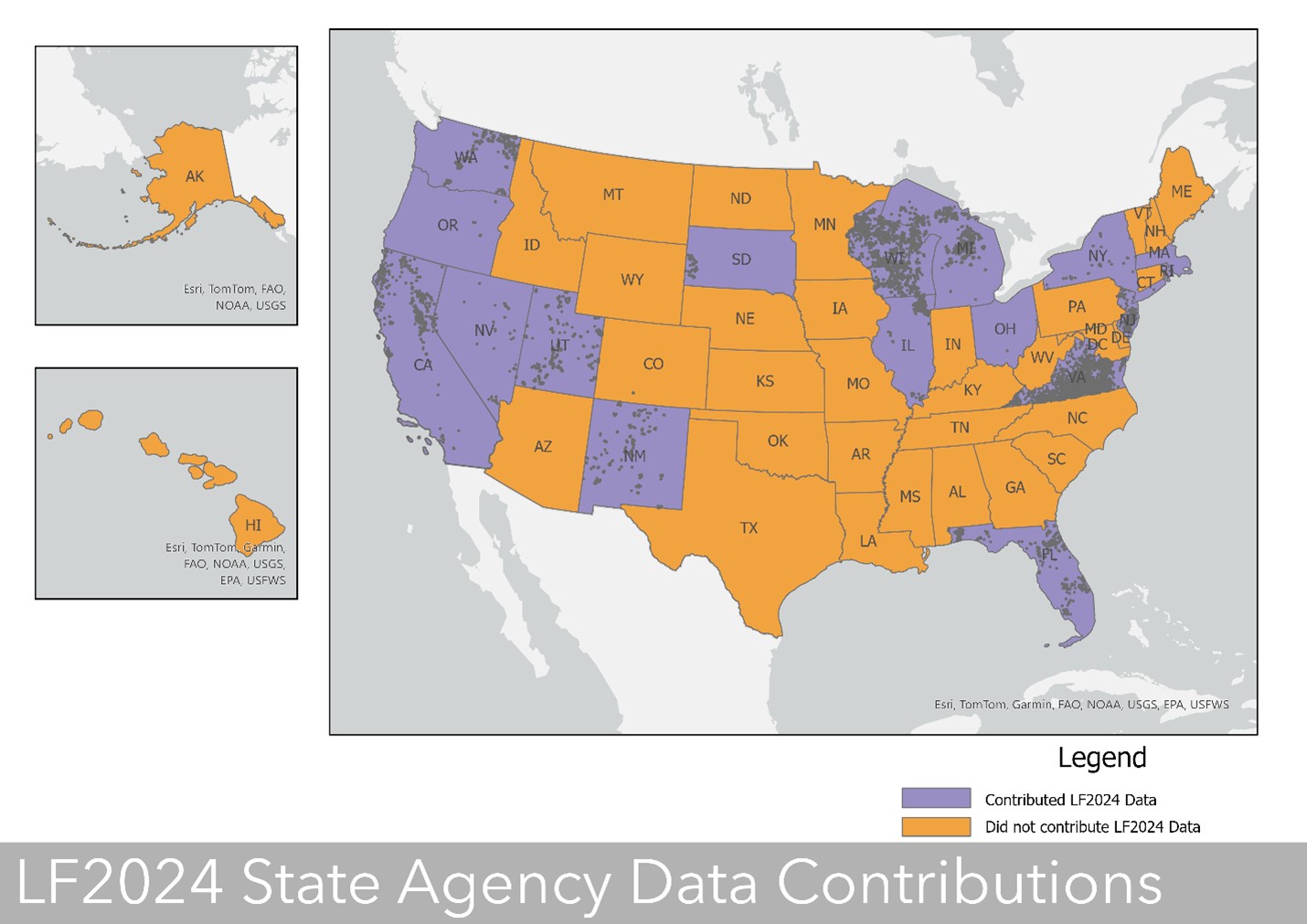 Map of the United States showing states that contributed LF data in purple