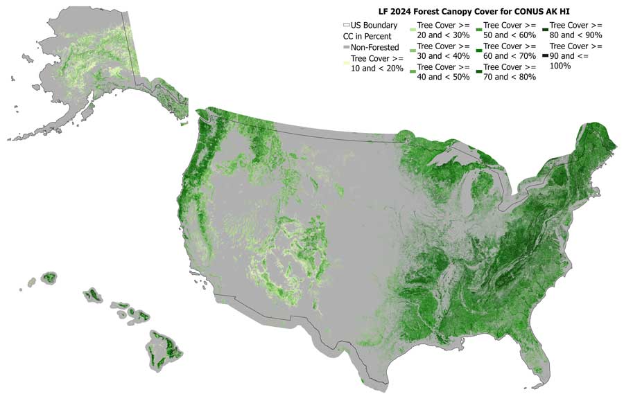 Flyout map of color-coded LF2024 forest canopy cover models for CONUS, AK and HI