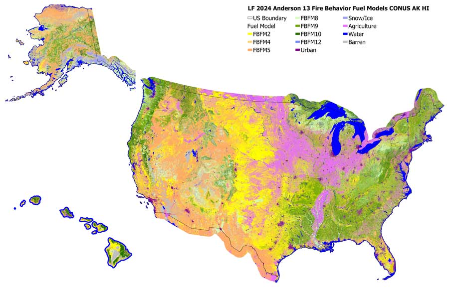 Flyout map of color-coded fire behavior models for CONUS, Alaska and Hawaii