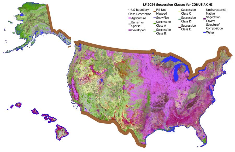 Flyout map of color-coded LF2024 models for succession classes for CONUS, AK and HI
