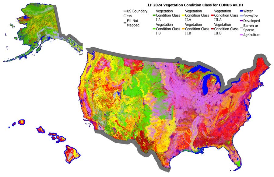 Flyout map of color-coded LF2024 models for vegetation condition classes for CONUS, AK and HI
