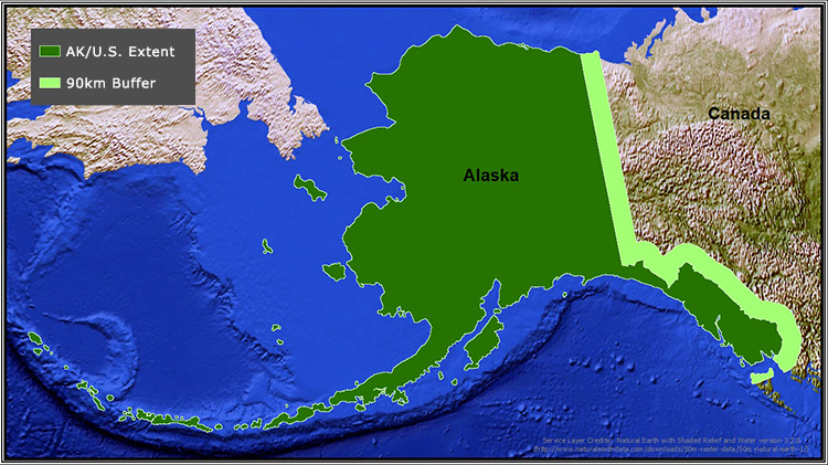 map of Alaska showing a green light border between Canada and the US for the buffer area.