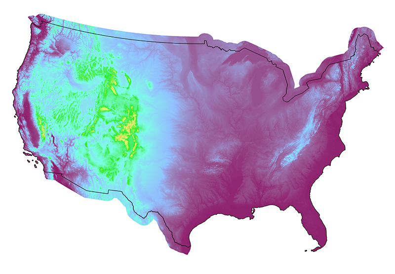 Picture of the U.S. with purple, pink, yellow and green coloring.