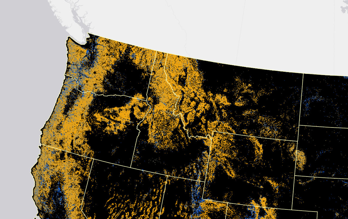 Image showing canopy base height colors over the upper NW corner of the U.S.