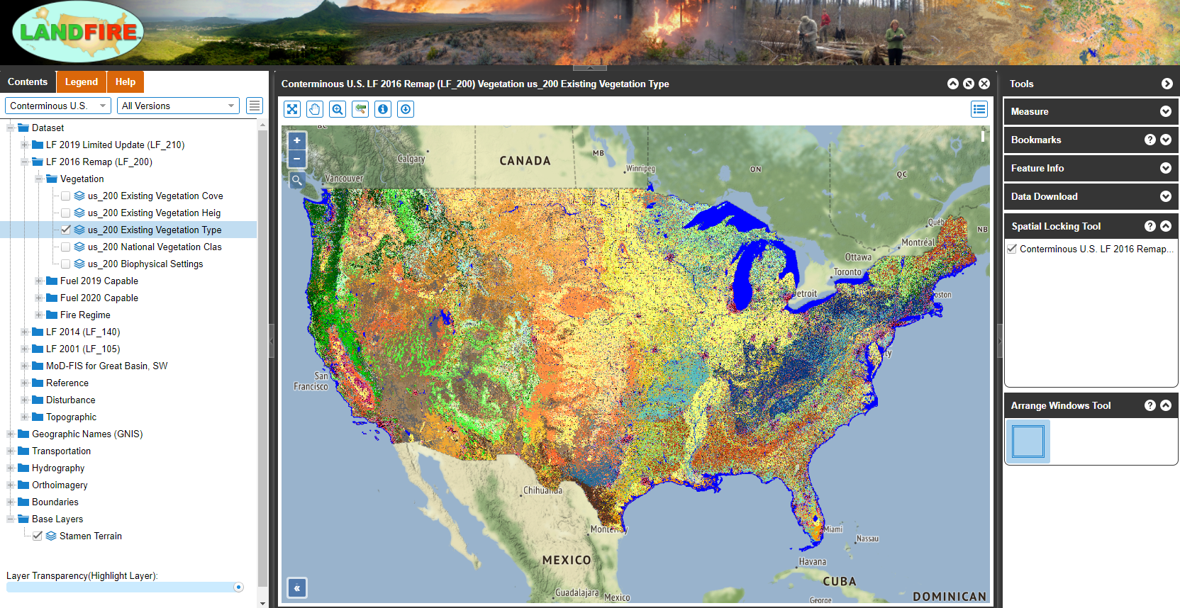 Screen shot of the map viewer with the table of contents and the U.S. showing in the map view.