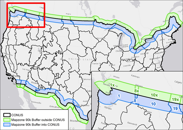 Map of the US showing a blue and green border line around the outside to indicate the buffer area.